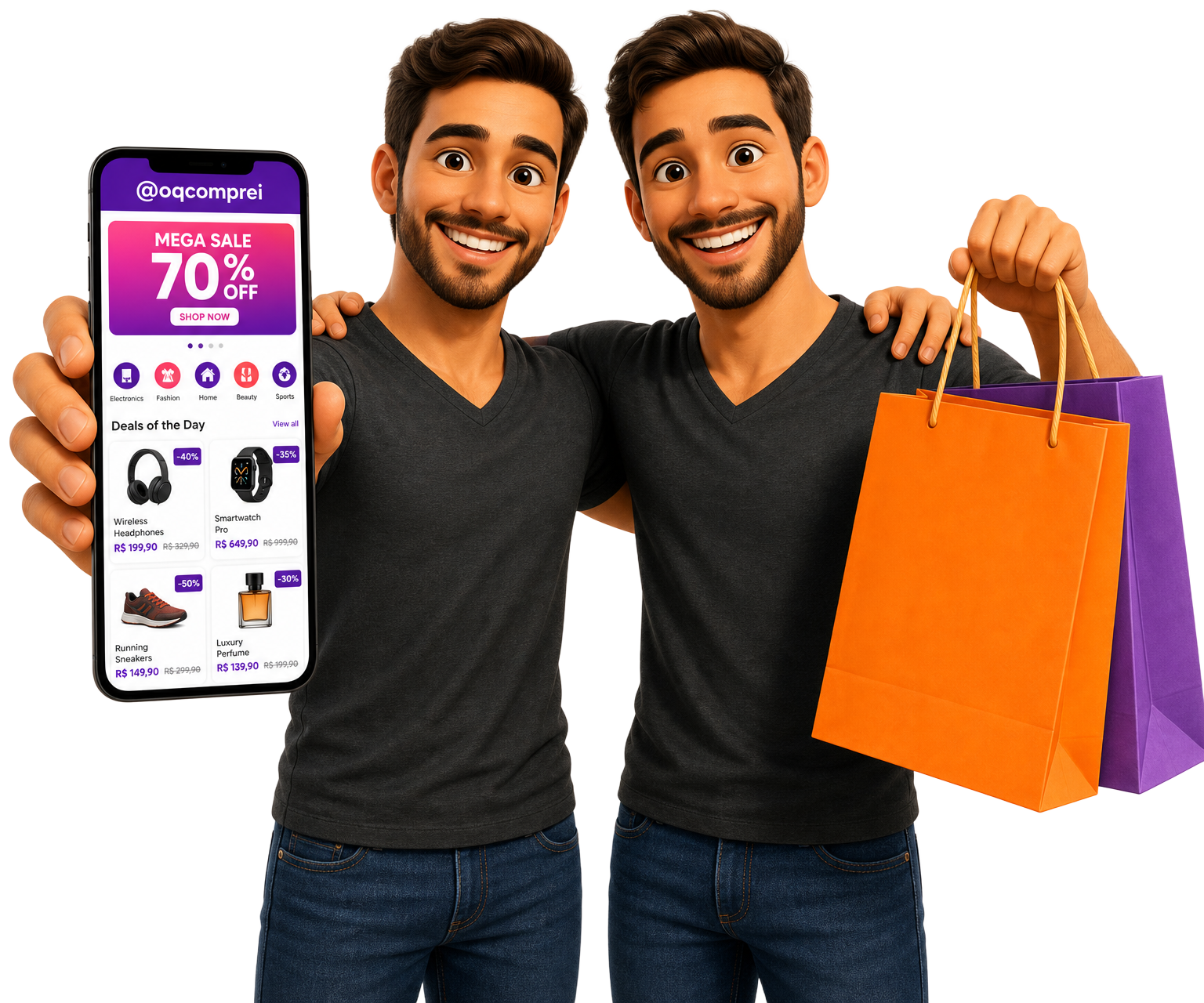 Mascotes OQ Comprei mostrando promoções no celular